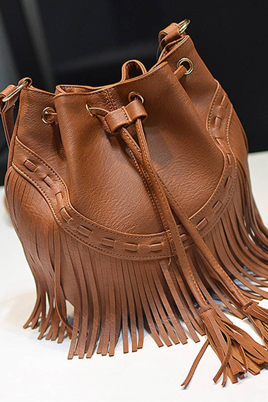 CWAB1570_Leisure drawstring tassel bucket shoulder bag