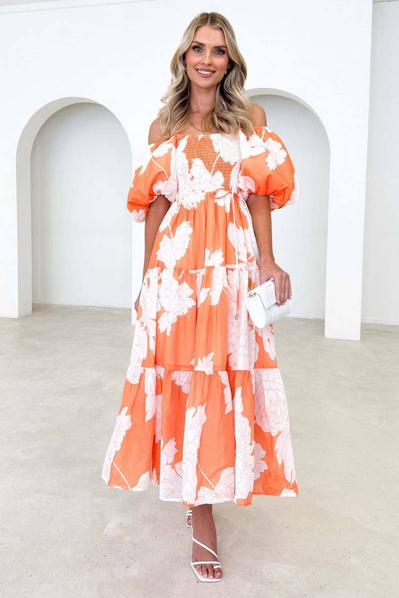 One line shoulder puffed up sleeve waist big swing longdress