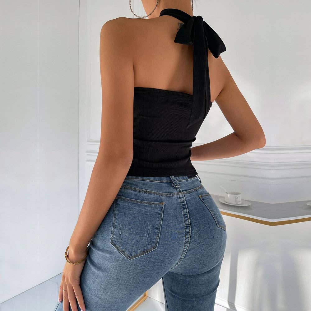Solid cross neck halter top sexy slim fit