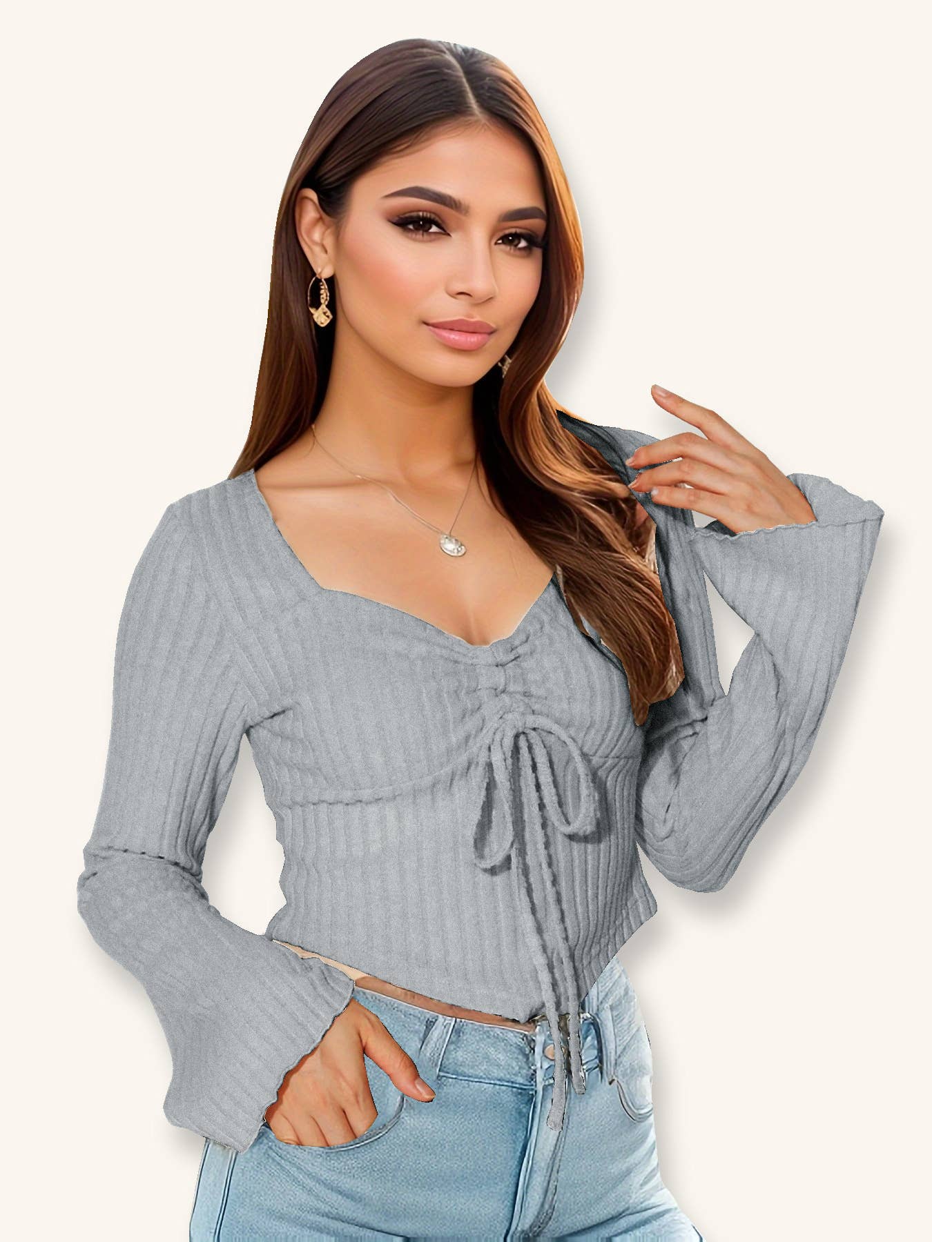V-NECK TRUMPET SLEEVE SLIM-FIT CROP TOP