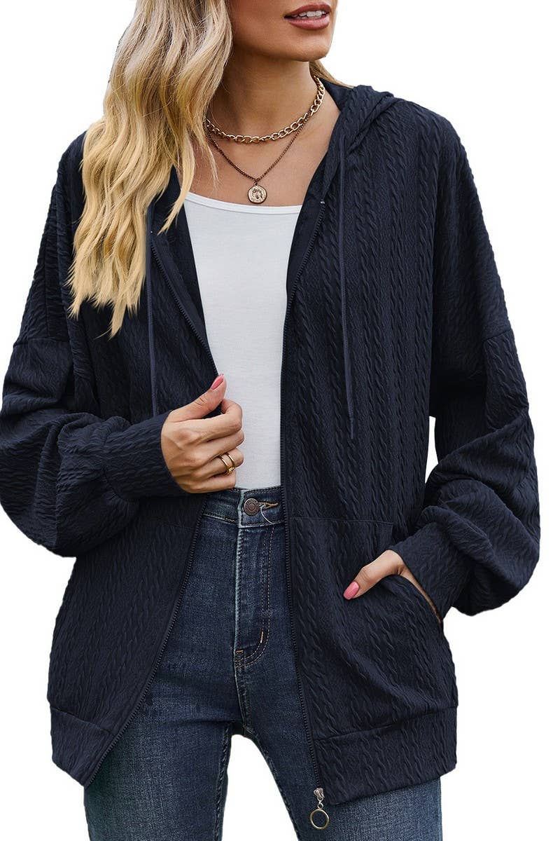 CWOHOL0476_ Casual Zip-Up Open Front Hoodie Cardigan Top