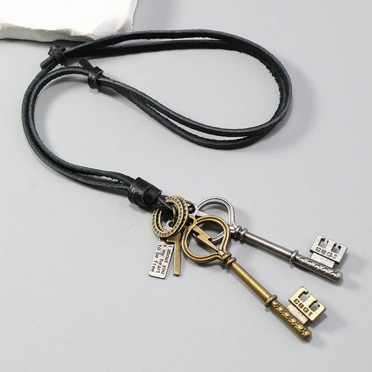 CREATIVE DOUBLE KEY PENDANT COWHIDE NECKLACE