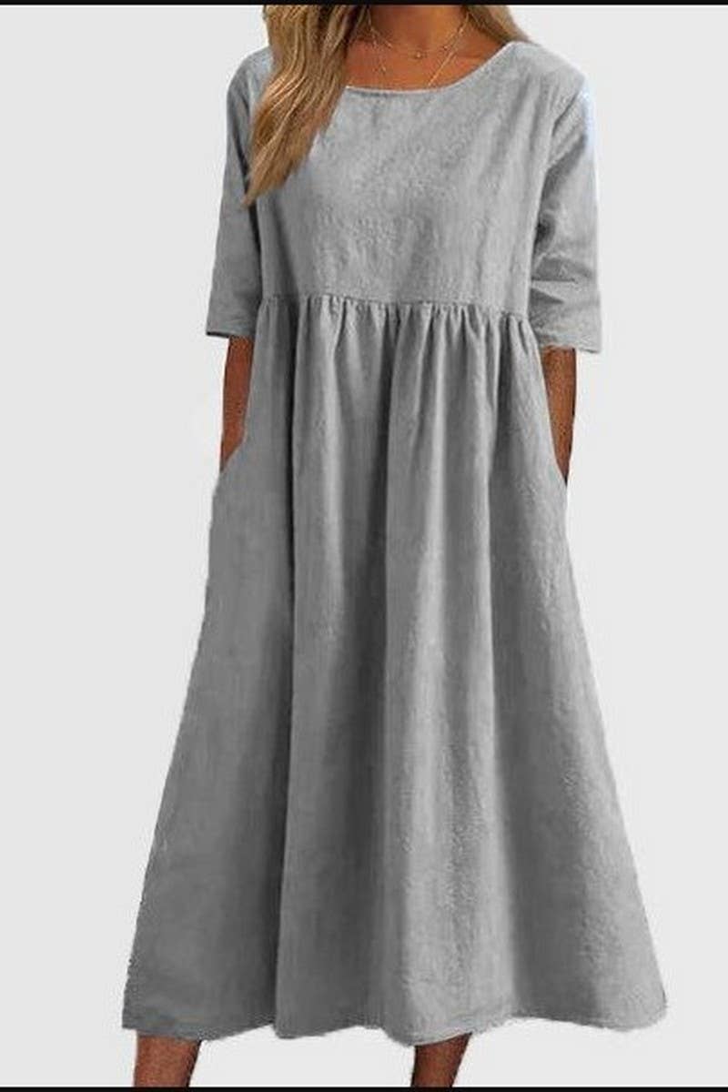 CWDMD01005_ROUND NECK SOLID COLOR COTTON AND LINEN DRESS