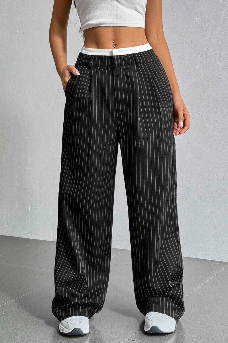 CWBLP1116_HIGH-WAISTED STRIPED LOOSE STRAIGHT-LEG TROUSERS