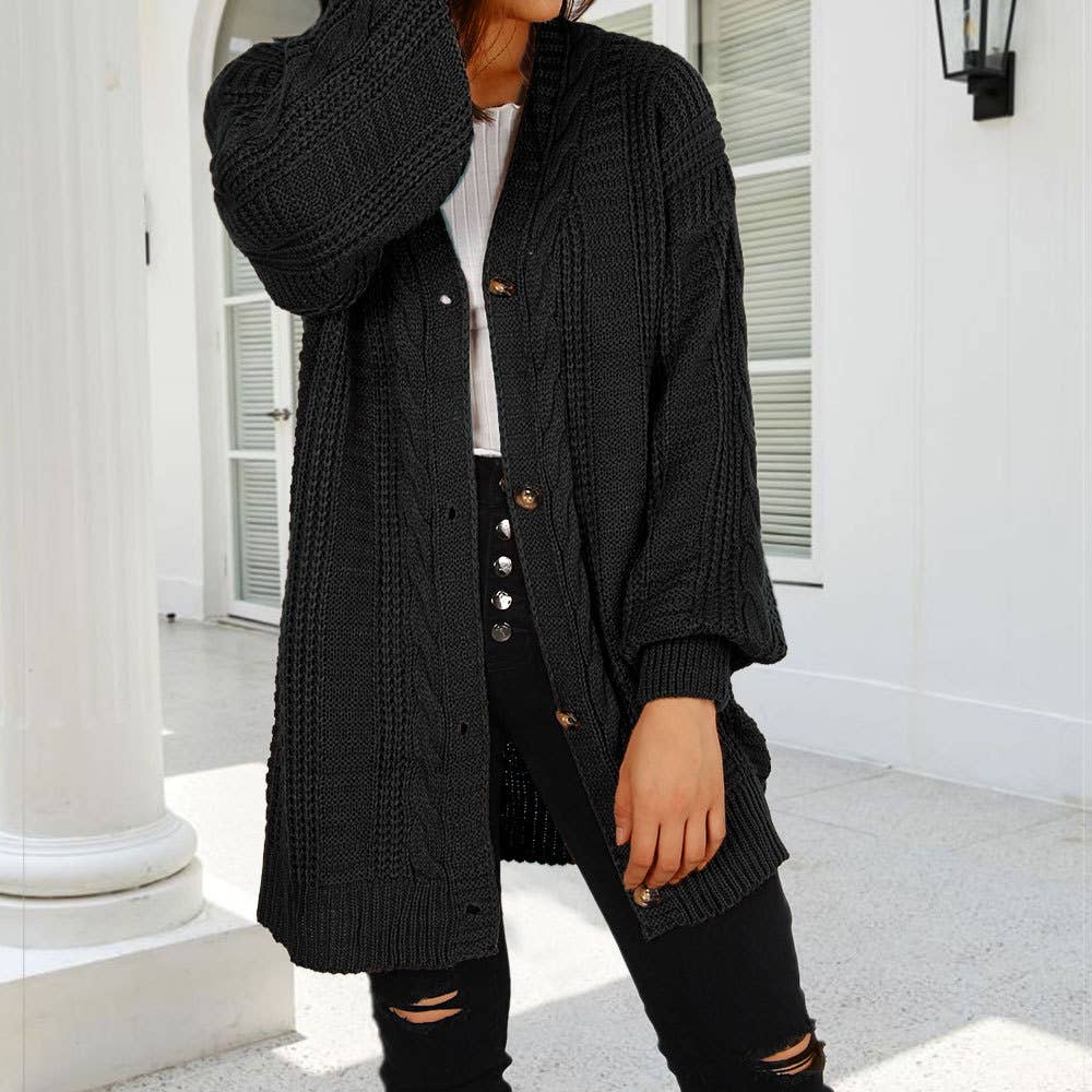 V-neck twist lantern sleeve long cardigan coat