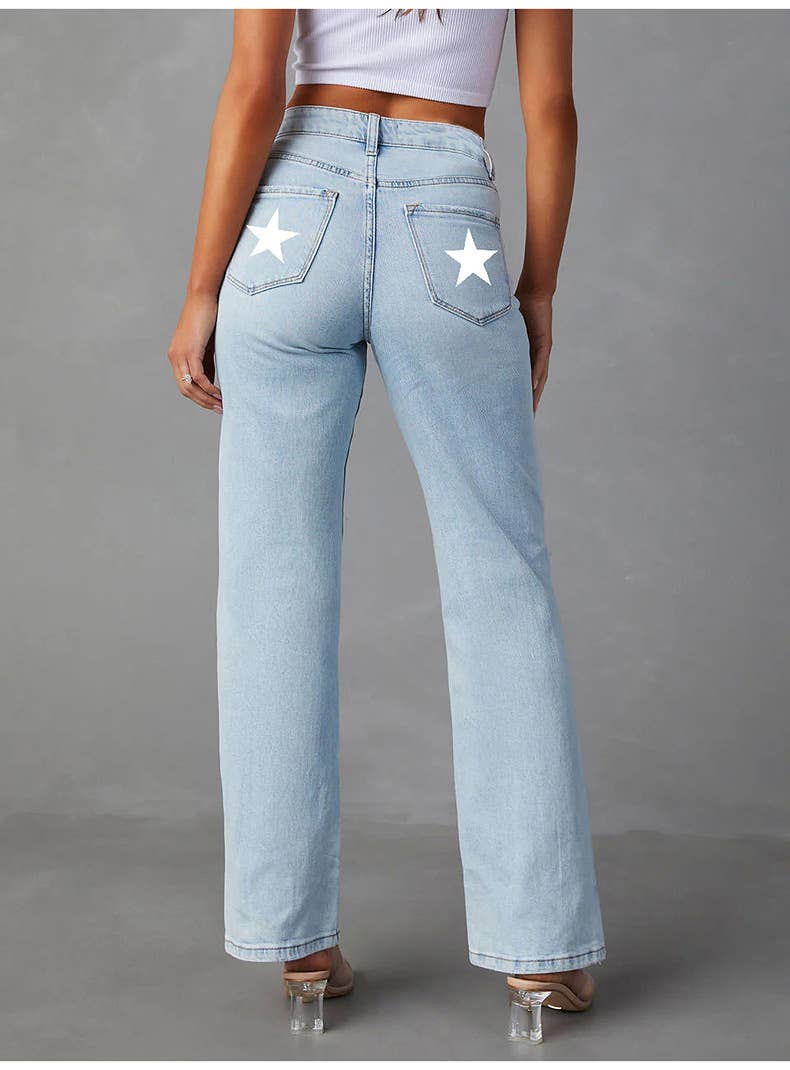 Printed stretch flared mid-waisted jeans