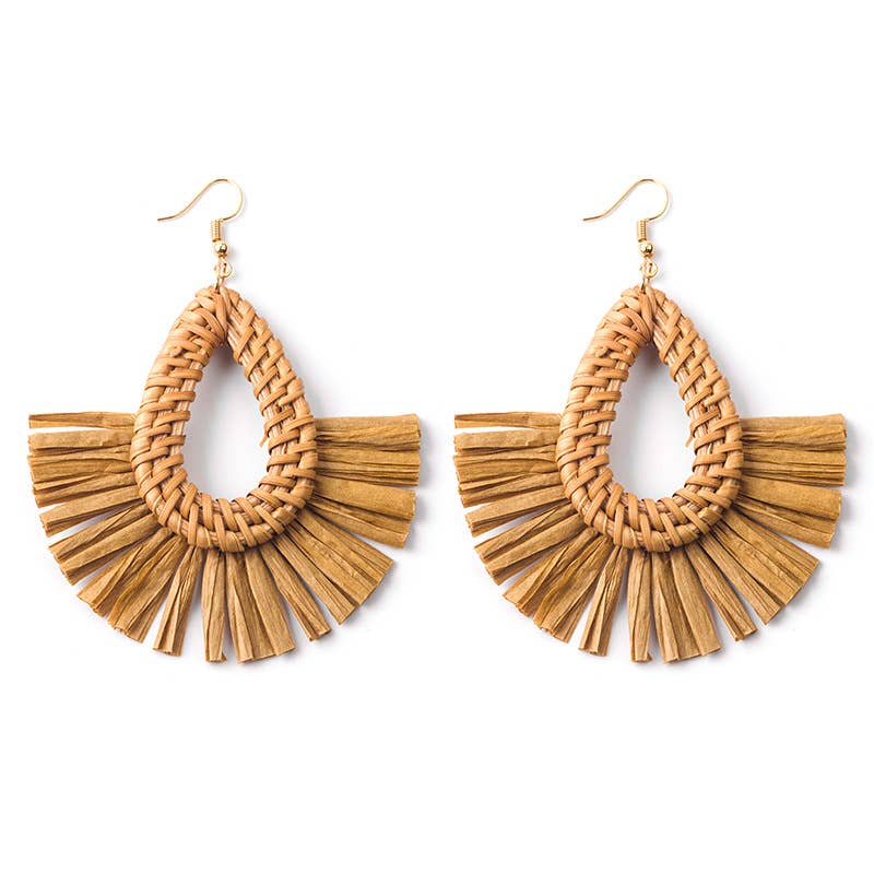 Hand-woven geometric rattan raffia earrings