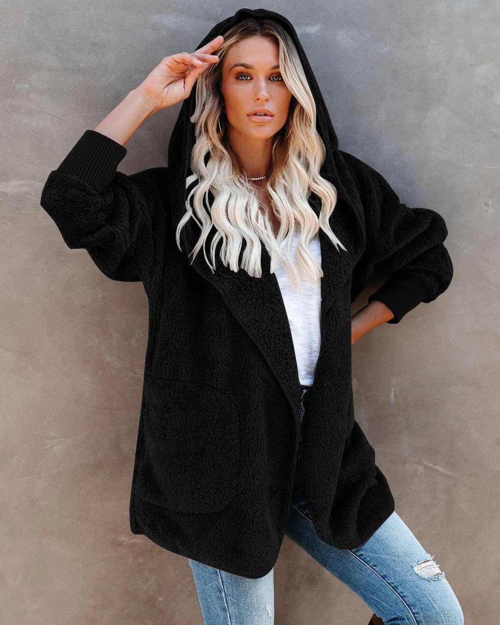 LONG SLEEVE CASUAL HOODED SOLID COLOR CARDIGAN