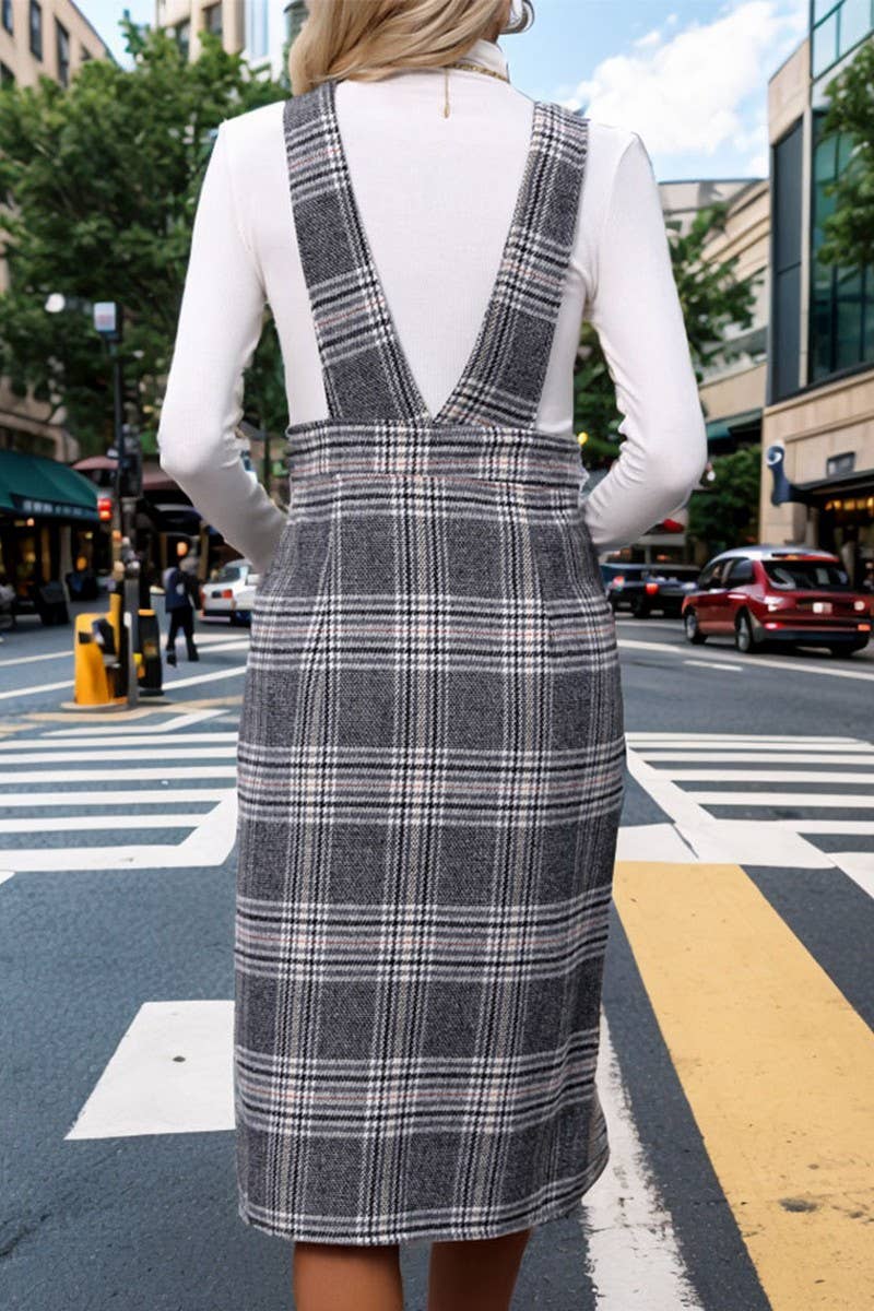 CWDSD5928_SOLID COLOR CASUAL PLAID SUSPENDER DRESS