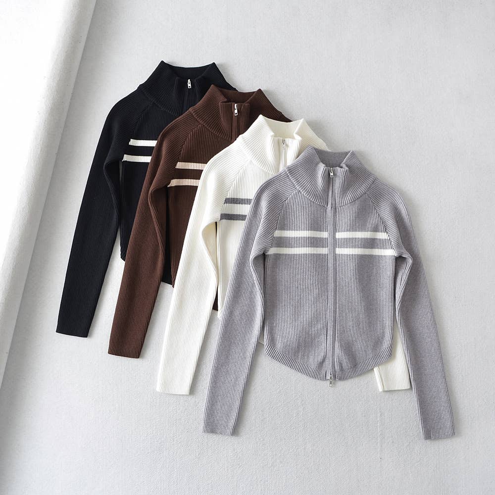 SLIM STAND COLLAR ZIPPER CURVED SHORT JACKET