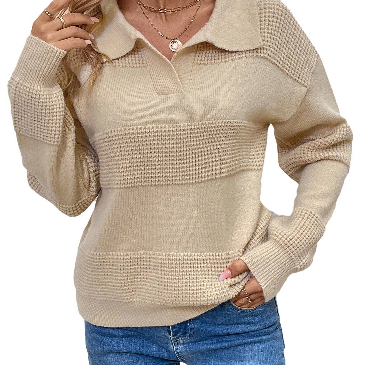 Long sleeve lapel solid color sweater woman