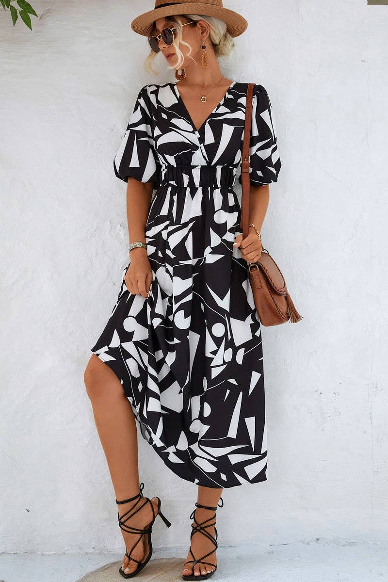 CWDMD2751_V NECK GEOMETRIC PRINT DRESS
