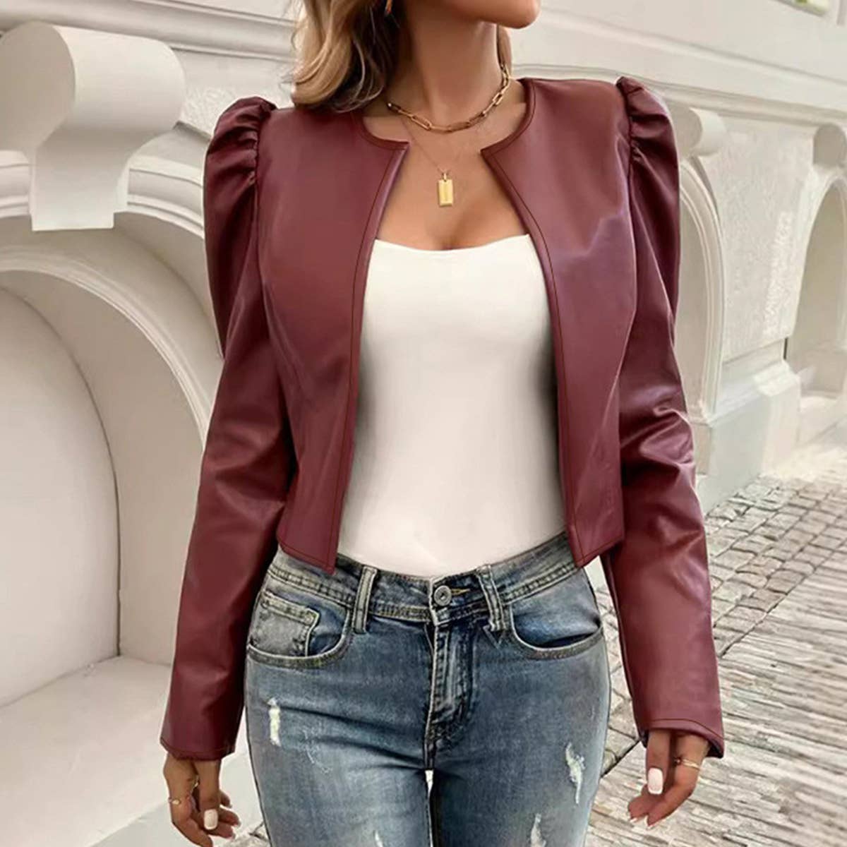 SLIM LEATHER JACKET LONG SLEEVES AND SHORT STYLE