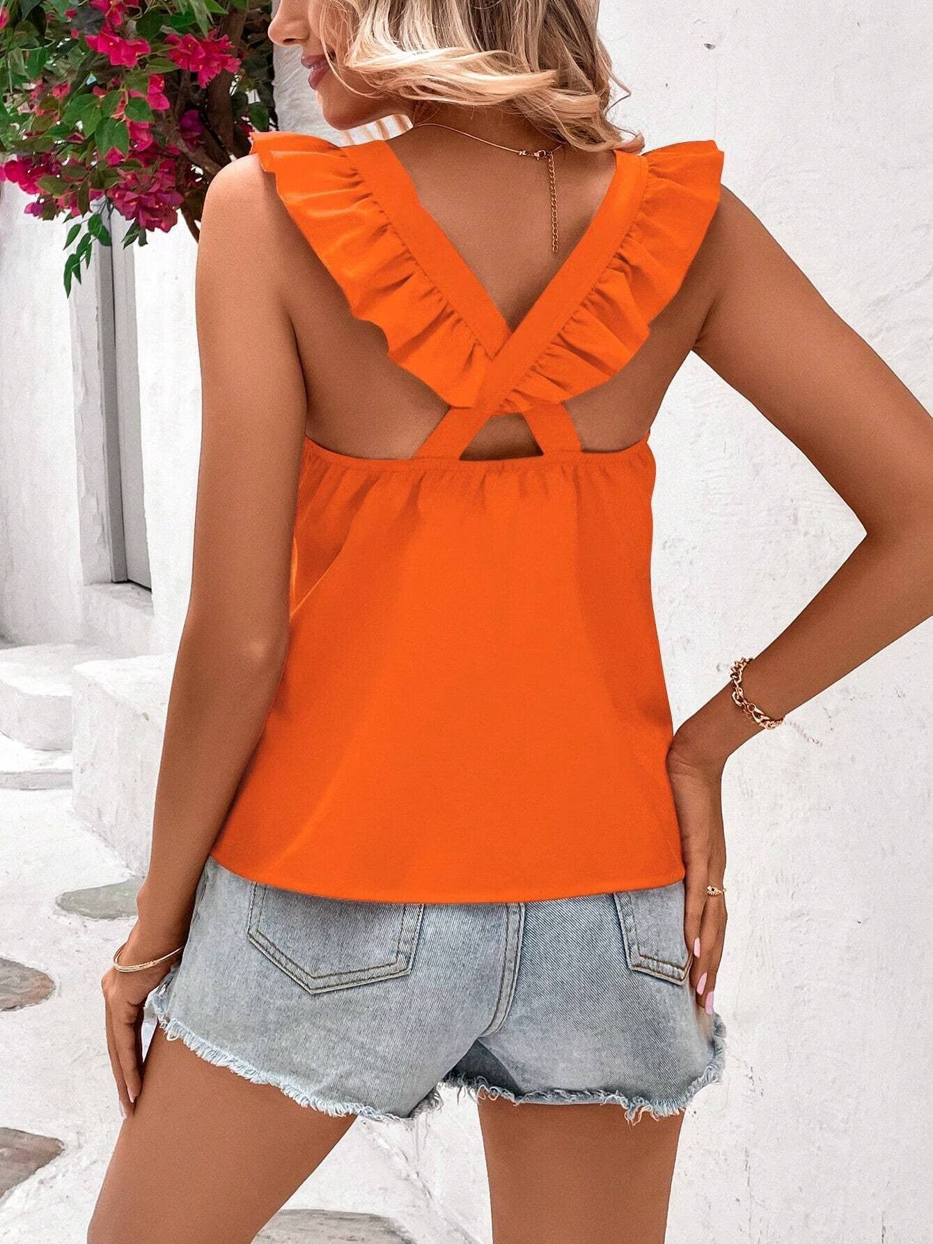 Stylish fly-sleeve back elastic cross top