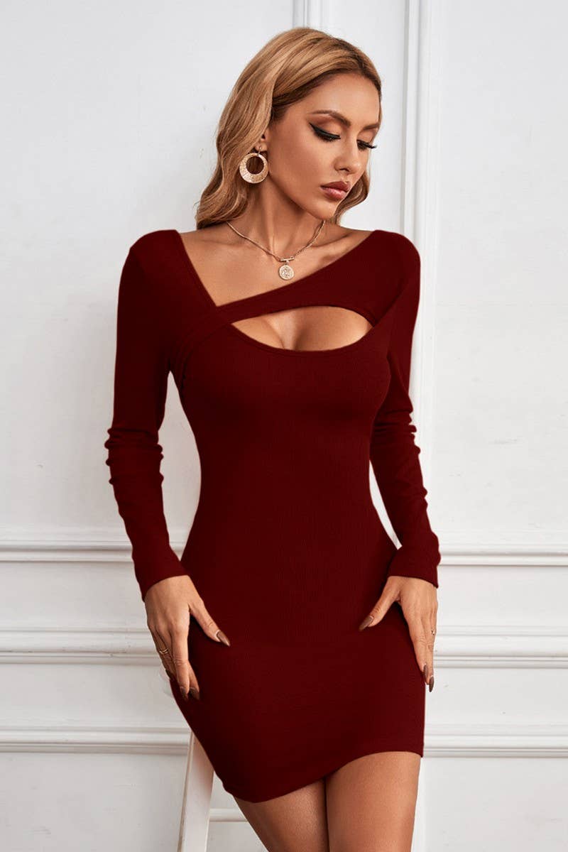 HOLLOW OUT IRREGULAR COLLAR WRAPPED HIP DRESS_CWDSD2730