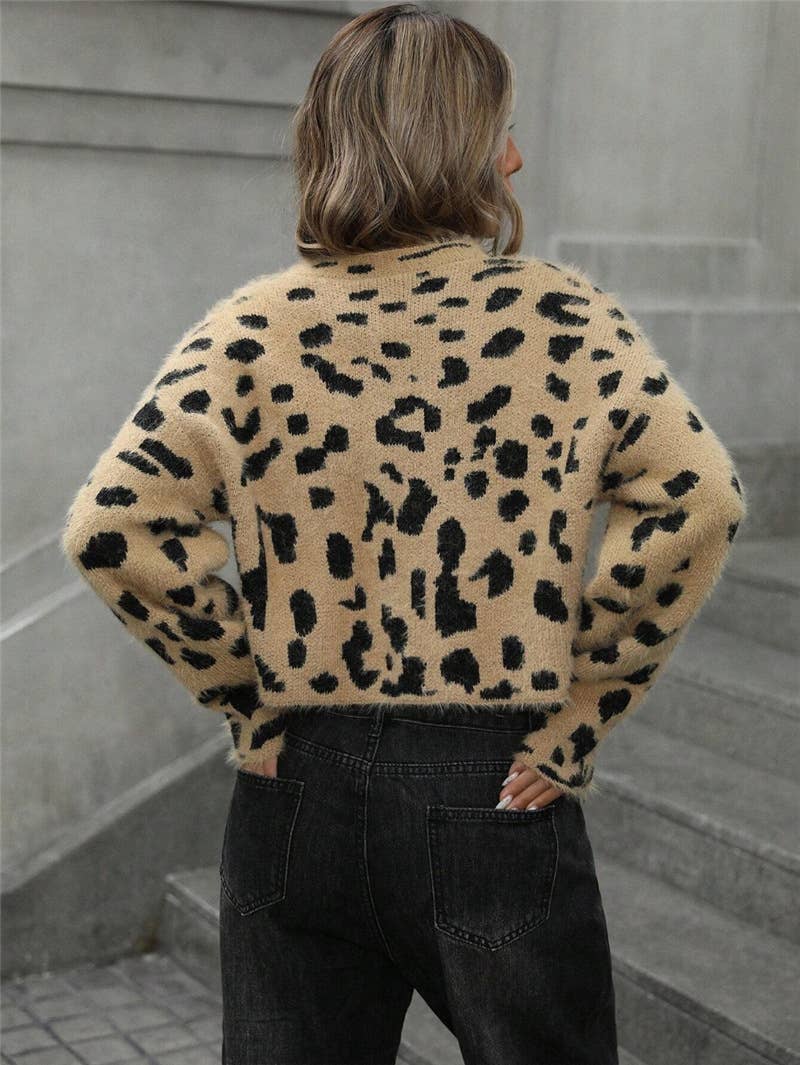 Leopard print simple short pullover sweater