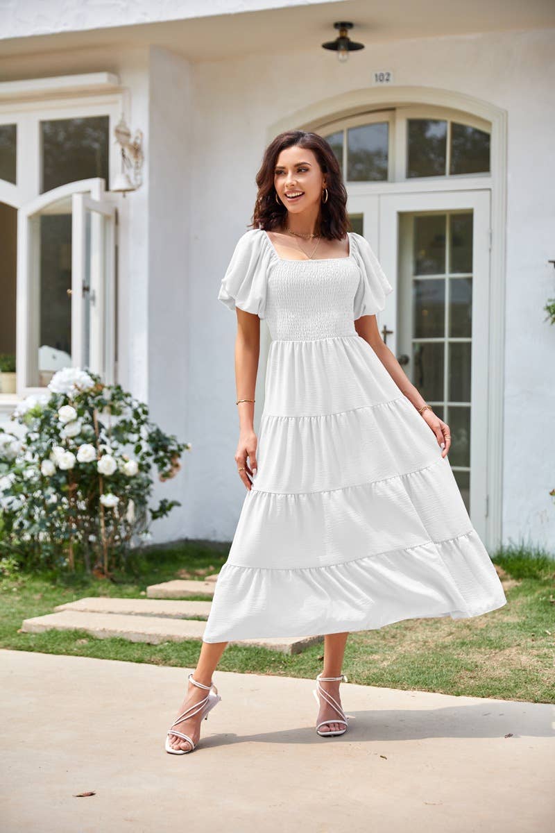 Square neck backless puffy sleeve pleated dress