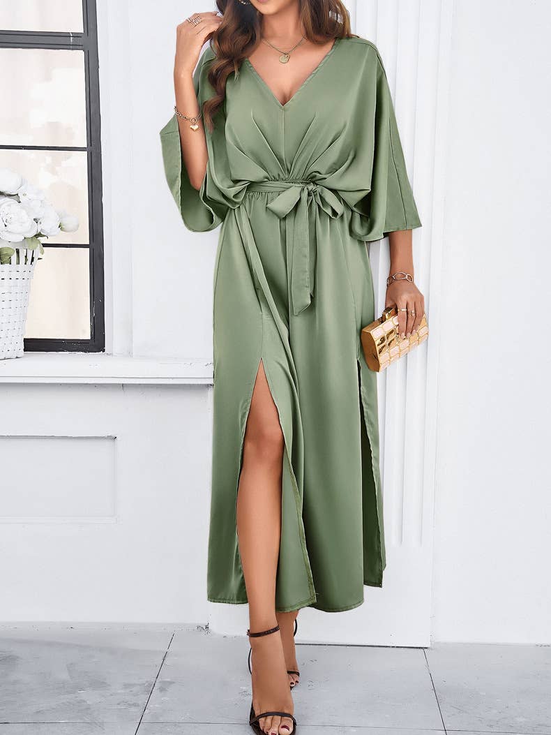 Elegant V-Neck High-Waist Loose Split Maxi Dress