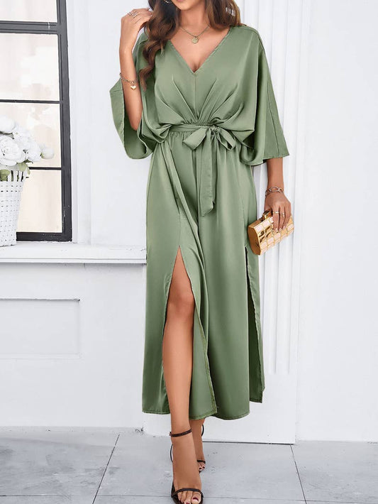 Elegant V-Neck High-Waist Loose Split Maxi Dress