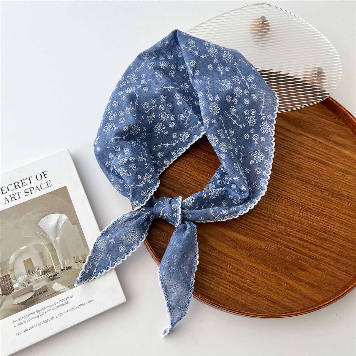 Lace Trim Cotton Linen Floral Triangle Scarf