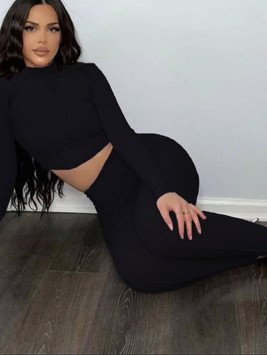 TIGHT WAIST FASHION SOLID COLOR TWO-PIECE SET