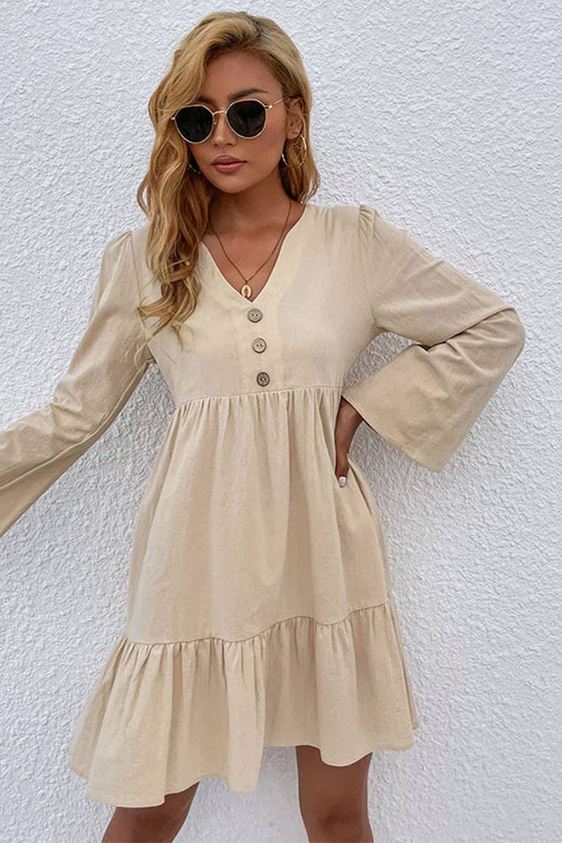 CWDSD2000_V-Neck Button Long Sleeve Pullover Dress