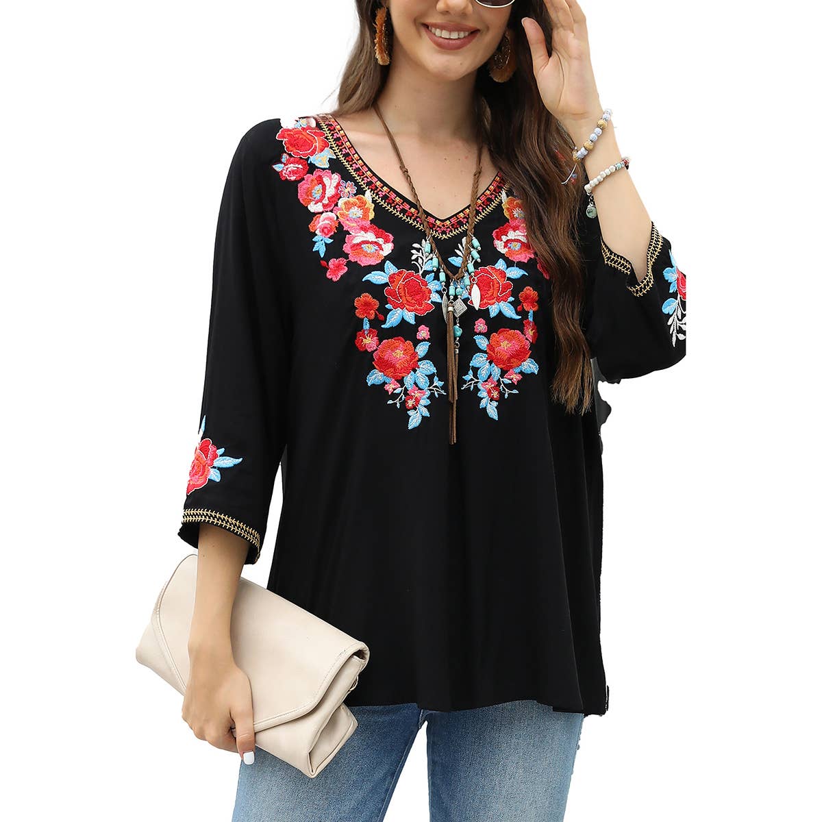 Embroidered seven-quarter sleeve shirt for women
