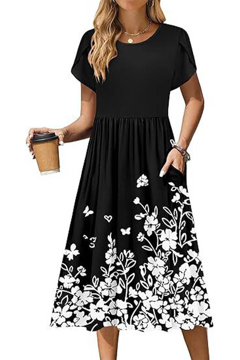 CWDMD6365_ROUND NECK PETAL SLEEVES MIDI PRINT DRESS
