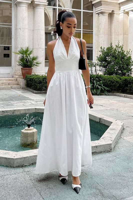 CWDMD6081_SOLID V NECK TIE WAIST FLOWY MAXI DRESS