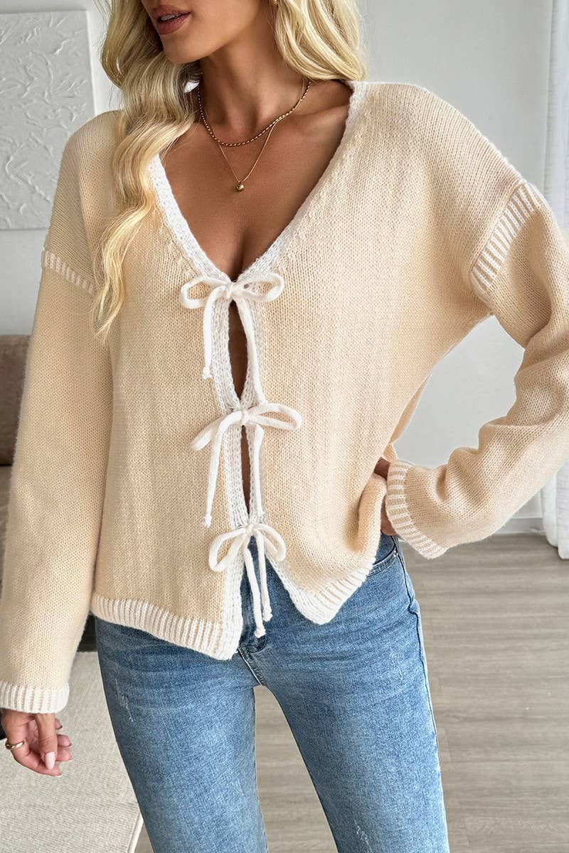 CWOCAL00592_COLORBLOCK TIE FRONT KNIT CARDIGAN SWEATER