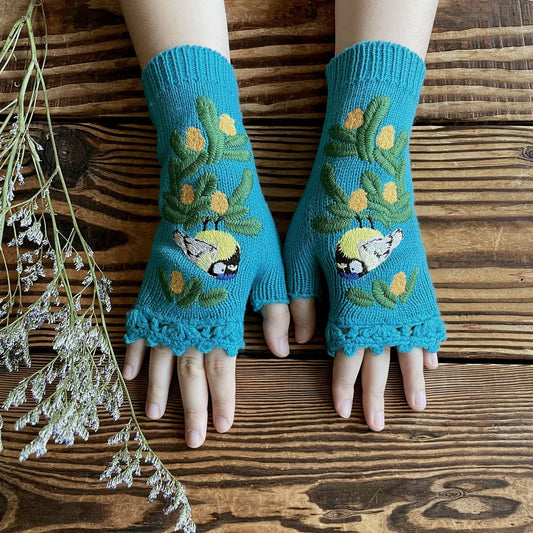 LONG WARM GLOVES WITH BIRD EMBROIDERY
