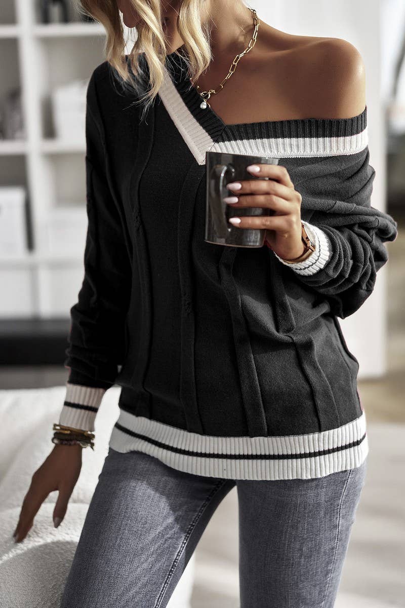 CWOSWL07520_MINIMAL V-NECK COLORBLOCK KNIT SWEATER