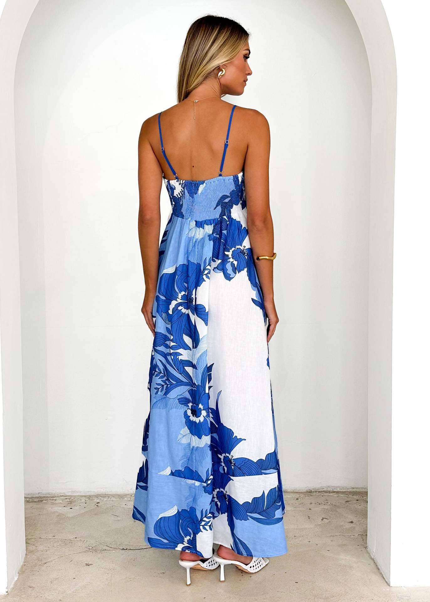 Printed backless high-waisted halter dress
