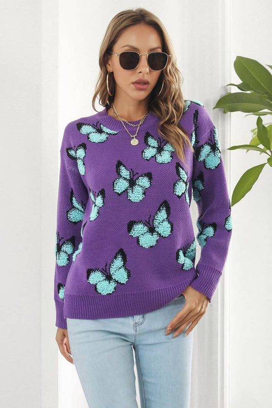 Cwoswl3964_3D Butterfly Jacquard Crewneck Knitted Sweater