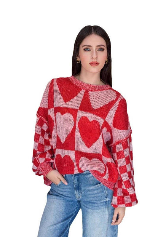 CWOSWL07664_LOOSE CASUAL HEART-SHAPED MID-LENGTH SWEATER