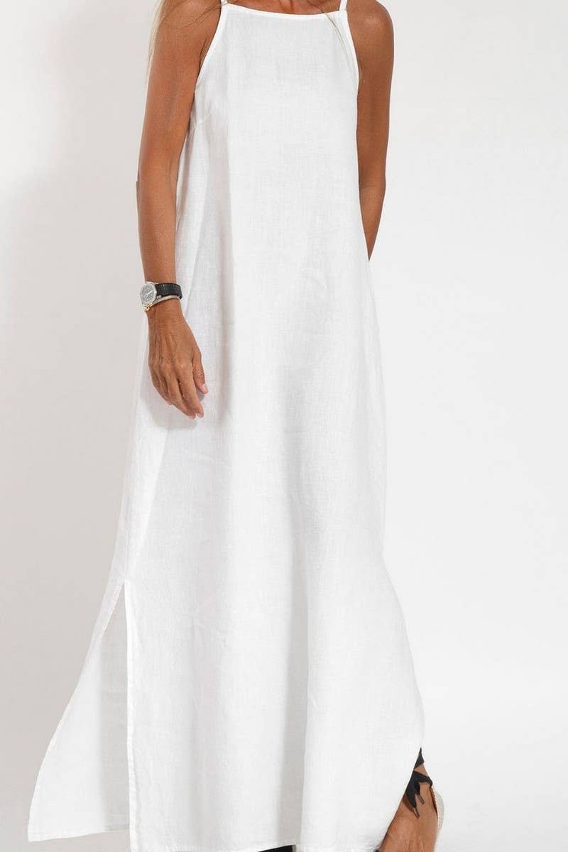 CWDMD01027_CASUAL COTTON AND LINEN SLIT SUSPENDER DRESS