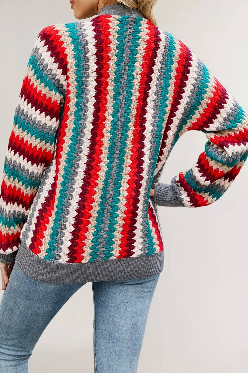 CWOCAL2268_AUTUMN AND WINTER STRIPED V-NECK KNITTED JACKET