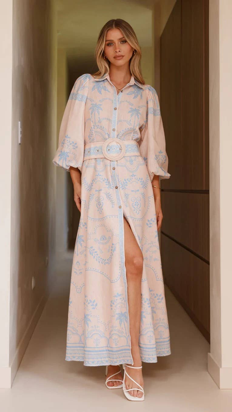 Loose belt cinched waist puffed sleeve dress