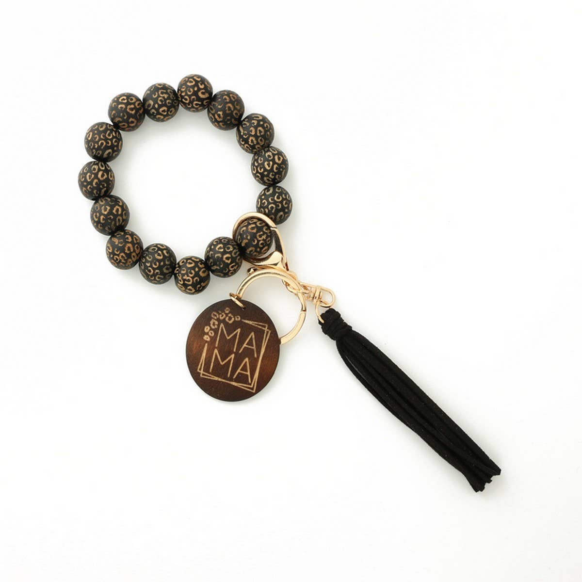 LEOPARD PATTERN WOODEN BEAD BRACELET KEYCHAIN