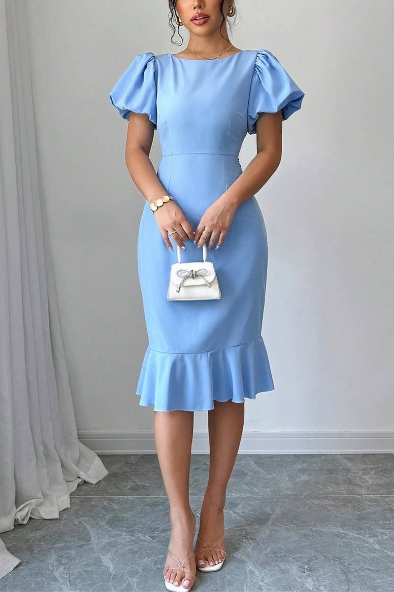 CWDSD7396_ROUND NECK LANTERN SLEEVE RUFFLED FISHTAIL DRESS