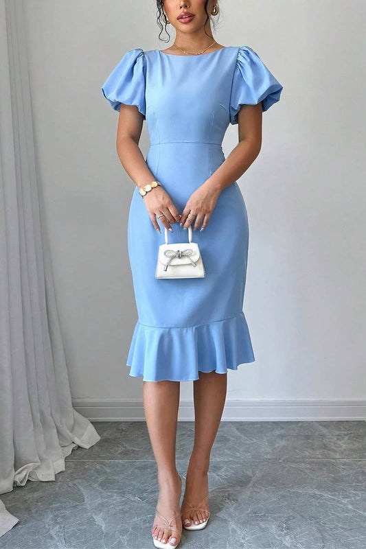 CWDSD7396_ROUND NECK LANTERN SLEEVE RUFFLED FISHTAIL DRESS