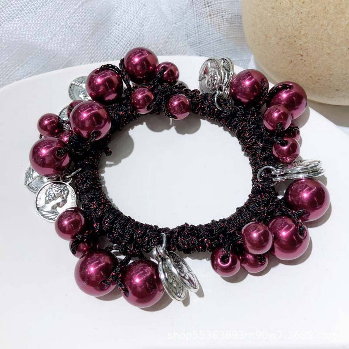Beaded Hair Tie with Metal Pendant Pearl Band_CWAHA6876