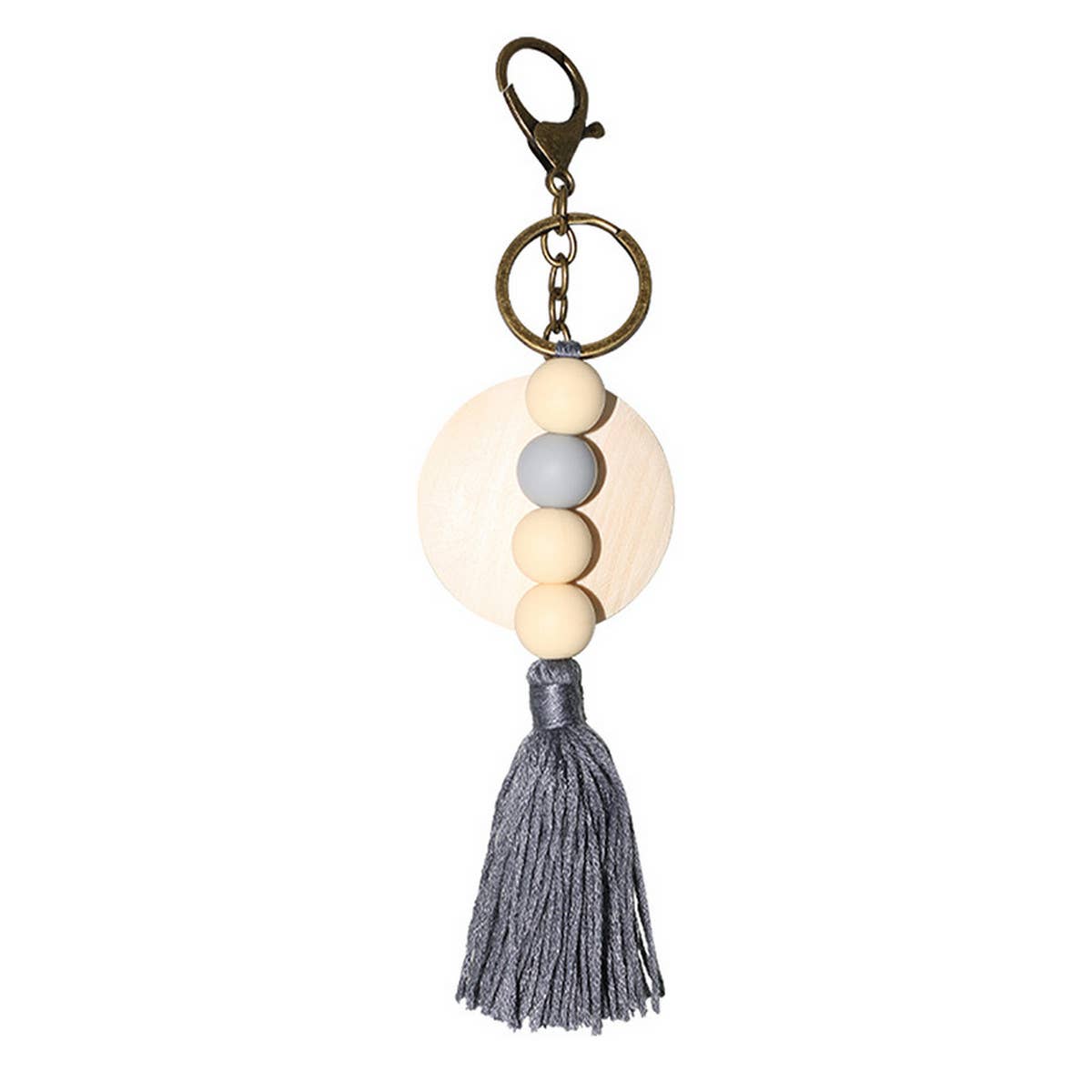 ROUND WOODEN BEADED TASSEL KEYCHAIN