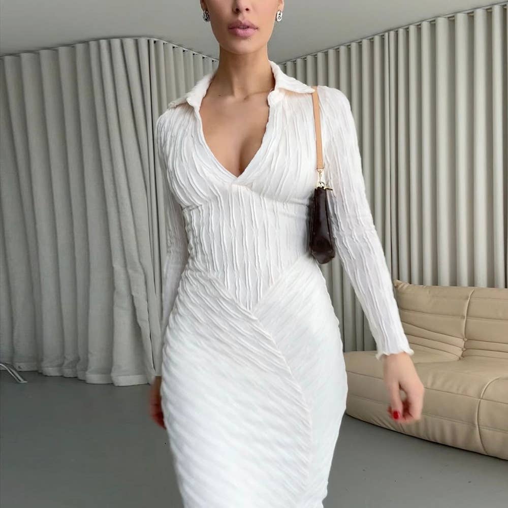 LAPEL THREE-DIMENSIONAL PATTERN COMMUTER DRESS