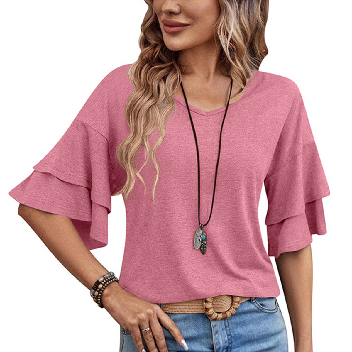 SOLID COLOR V-NECK DOUBLE-SLEEVED BAGGY BLOUSE