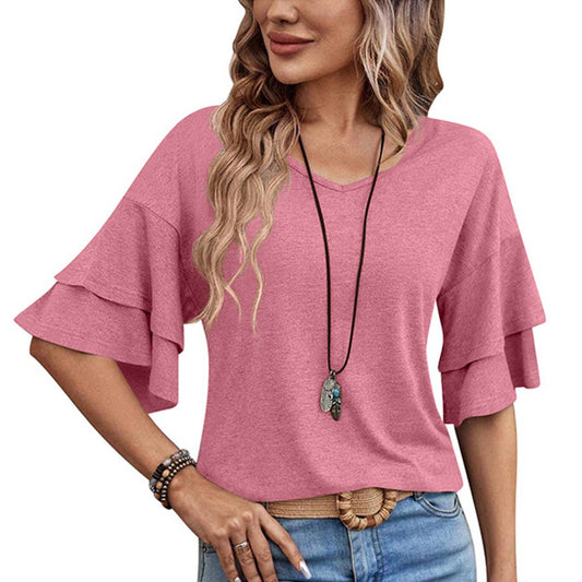 SOLID COLOR V-NECK DOUBLE-SLEEVED BAGGY BLOUSE