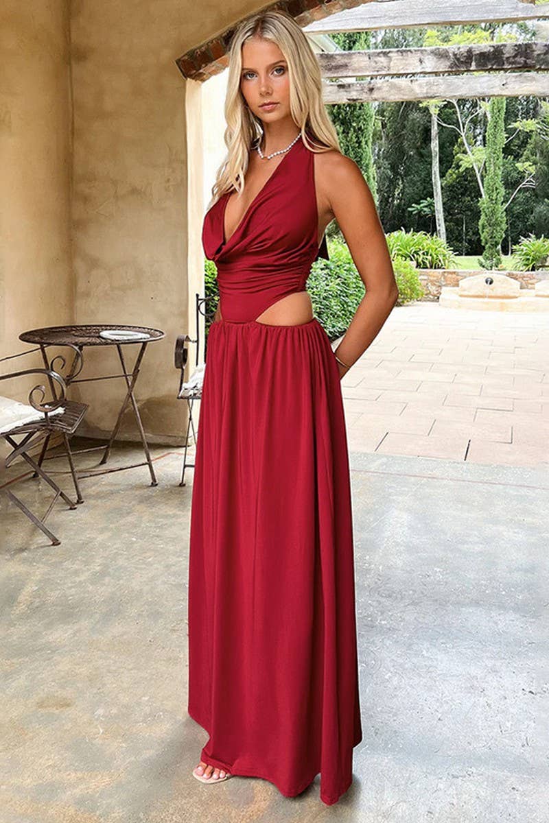 CWDMD5050_SEXY CUT-OUT  WAIST REVEAL HALTER MAXI DRESS
