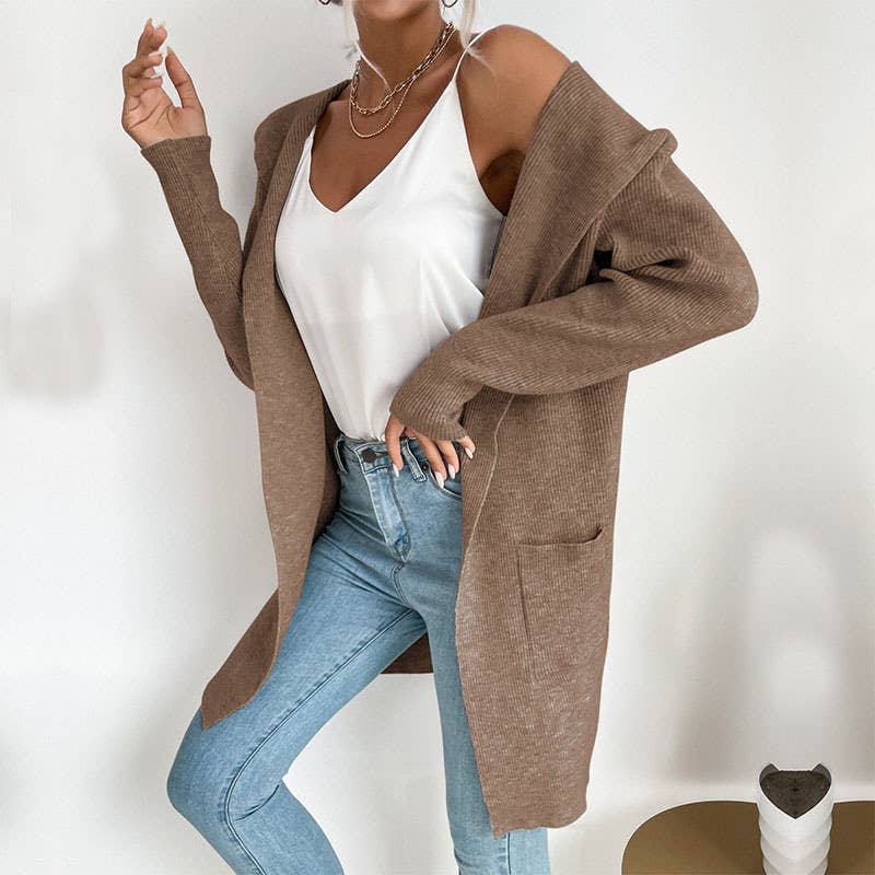 Solid color pit strip hooded unbuttoned cardigan