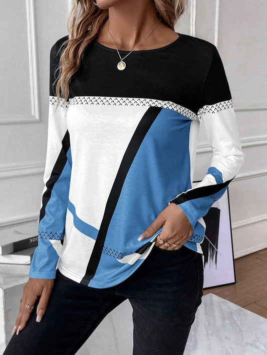 Round-neck color-blocking geometric print top
