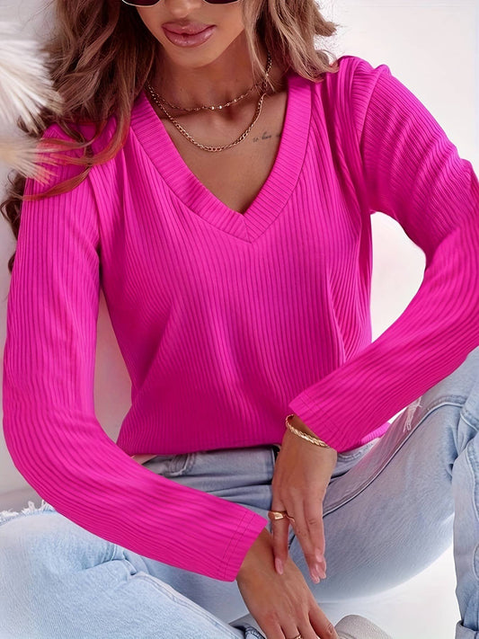 Solid-color V-neck bright long-sleeved T-shirt